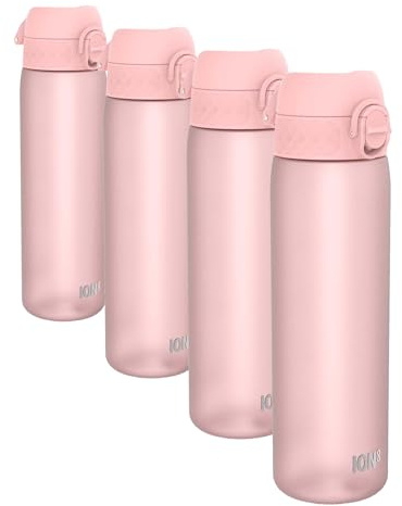 Ion8 500ml Water Bottle, BPA Free, Leakproof, Dishwasher Safe, Easy Open, Secure Lock, Clear Drinks Bottle for Boys & Girls, Small Gym Sports Drinking Water Bottle 500ml, Pastel Pink (Pack of 4)
