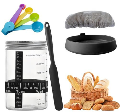 TOATELU Sauerteig-Starterglas Set, 36oz Sauerteig Starter Jar Kit mit Silikonspatel Temperatur-Papier Messlöffel Genähte Stoffabdeckung, Sauerteig Glas, Sauerteigstarter Behälter für Brotbacken