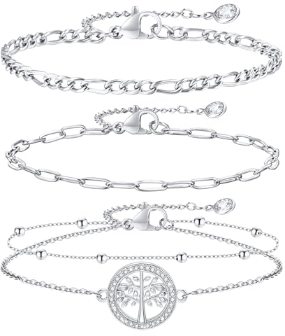 FLHEART 3 Stück Armband Damen Silber - Modeschmuck Silber Edelstahl Armband Damen mit Lebensbaum,Verstellbare 16+5cm, Armschmuck Armbänder Set Armkette Geschenke für Frauen Mädchen