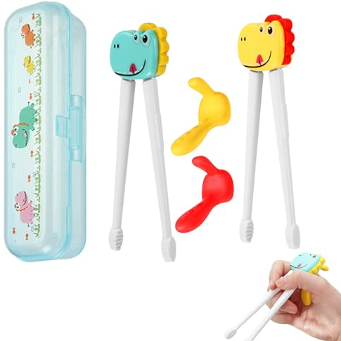 2 Pares de palillos para niños, Palillos Chinos Para Principiantes, Palillos Chinos Niños, palillos de entrenamiento para niños, forma de dinosaurio rojo y verde (viene con 1 caja de almacenamiento)