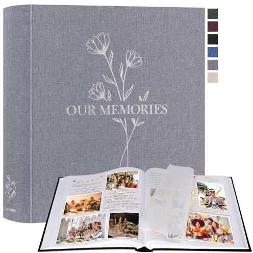 Lanpn Fotoalbum zum Selbstgestalten Einkleben, Großes OUR MEMORIES Leinen Fotobuch 160 weißen Seiten mit Pergamin Trennblätter Fasst 9x13 10x15 13x18cm Fotos (30x33,5 cm, Grau)