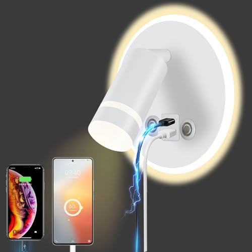 HUIZHOU LED Wandleuchte mit USB 12W, Leselampe Wandmontage mit Touch-Control, 3 Farbtemperaturen, 350° drehbar, Bettlampe Wand für Schlafzimmer & Wohnzimmer (Rund weiß)