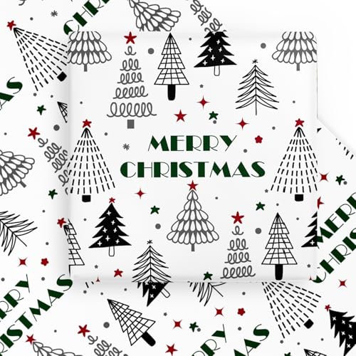 WRAPAHOLIC Foglio di carta da regalo natalizia, 6 fogli di carta da regalo con albero di Natale e scritta Merry Christmas, piegato piatto per vacanze, feste, 50 x 70 cm per foglio
