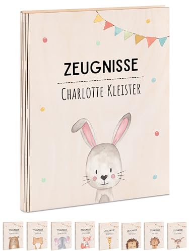 wunderwunsch® - Personalisierte Zeugnismappe aus Holz mit hochwertigem Spezial-Druck - Einschulung Geschenk - Zeugnismappe Jungen & Zeugnismappe Mädchen (Hase Girlande)