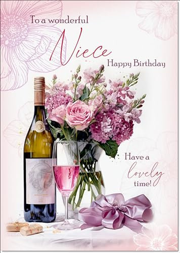 doodlecards Niece Birthday Card Roses and Red Wine Medium Size with Plain Envelope