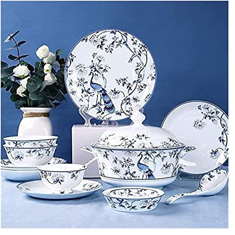 CAFIEDR Geschirrset, Dinnerparty-Geschirrservice-Set, 56-teilig, chinesisches Geschirrset aus Knochenporzellan, hochwertiges Geschirrset aus blau-weißem Porzellan für 6 Personen