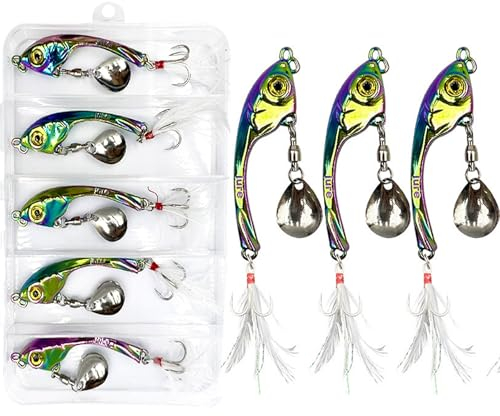 Yixinly 5 Stück Jig Spinner Set 15g in Köderbox, Angeln Metall Löffel Köder Spinner Bleikopfspinner für Barsch Hecht Zander Döbel, Angelgeschenke für Männer, Angelköder für Süß- und Salzwasser