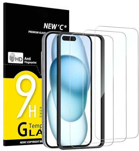 NEW'C 3 Piezas, Protector Pantalla para iPhone 16,iPhone 15 (6,1 Pulgadas), Cristal templado con herramienta de instalación fácil incluida, Antiarañazos, Antihuellas, Dureza 9H, Ultra Resistente
