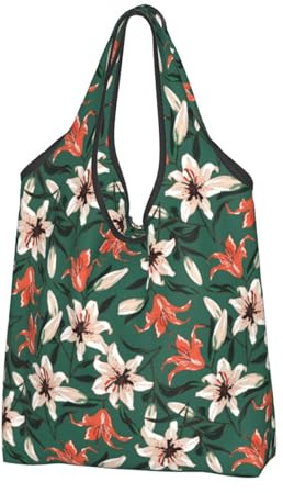 VOSERY Bolsas de compras reutilizables con asas para comestibles, diseño de flores de lirios, Negro -, 1 PC