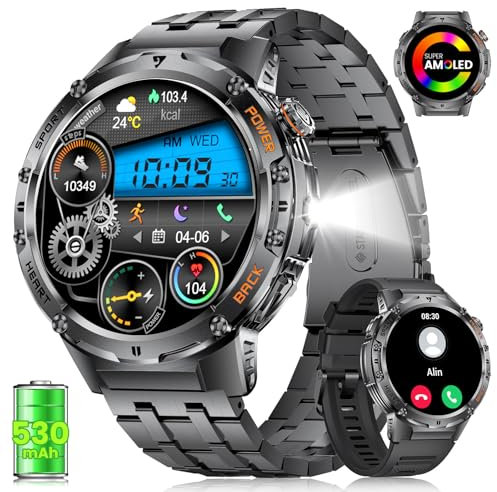 HIRREO Smartwatch Uomo con LED Torcia, 600mAh Batteria, Effettuare Chiamate, 1,43 AMOLED Schermo, 5 ATM Impermeabile, 126 Modalità Sport Orologio Intelligente Fitness Frequenza Cardiaca/Contapassi