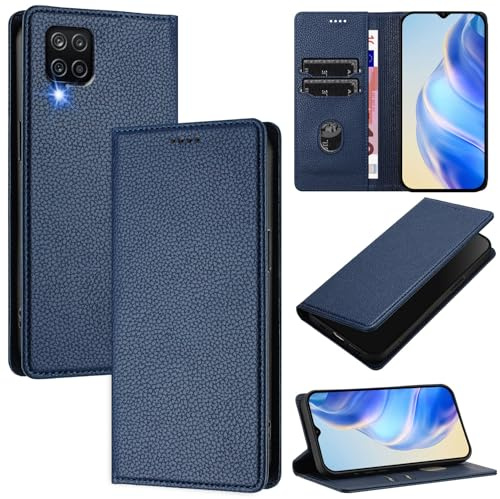 DENDICO Coque pour Samsung Galaxy A12 4G / Galaxy M12, RFID Blocage Portefeuille Etui à Rabat, Housse en Cuir PU pour Samsung A12 4G / Galaxy M12, Bleu Foncé