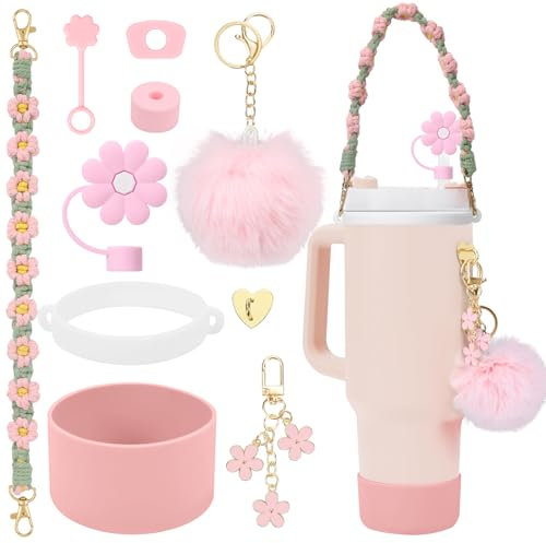 10Stück Stanley Cup Zubehör, 3 Auslaufschutz, 1 Strohhalm Abdeckung, 1 Becherring 1 Wasserflaschen Band, 1 Silikonhülle, 1 Pompon Ball, 1 Schlüsselanhänger, 1 Herzförmiger Haken (Pink Pompon)