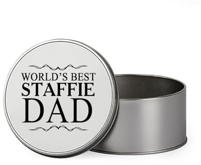 Giftme World's Best Staffie Dad, Metal Tin Storage Box, Biscuit, Chocolate,Tin, Emergency Stuff Tin. (Round)