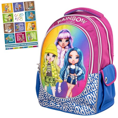 Goldkids - Rucksack Schulrucksack Teenager Kinderrucksack für Jungen und Mädchen mit RAINBOW HIGH SILVER - Hausaufgabenheft