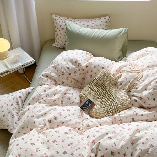 Freyamy Blumen Bettwäsche 200x220cm 3teilig Beige Rot Grün Floral Mädchen Wende Bettwaren-Sets Blumenmuster Microfaser Kinder Bettbezug mit Reißverschluss und 2 Kissenbezug 80x80cm
