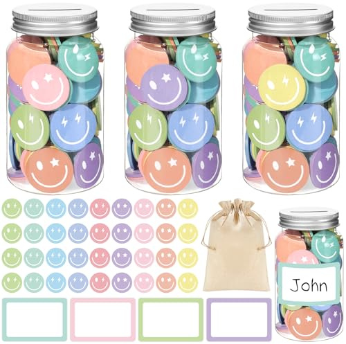 249 Pcs Reward Jars for Kids Smile Face Classroom Coin Jars for Behavioral Rewards 225 Pcs Smiley Faces 20 Pcs Name Tags 1 Pcs Storage Bag Classroom Incentive Behavior Tools for Back to School Student