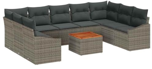 vidaXL 10-teiliges Garten-Sofa-Set mit Kissen in Grau aus Poly Rattan und Akazie | Wetterfestes, modulares Outdoor-Couch-Set mit Stauraum für Terrasse, Lounge-Bereich und Garten