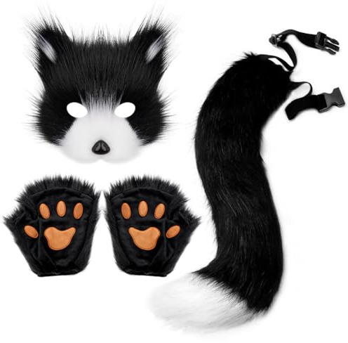 Yoolhamy Fuchs pelziger Schwanz Katze Wolf Cosplay Plüsch Maske Pfote Handschuhe Set Kunstfell Kostüm für Halloween Buchtag Rollenspiel