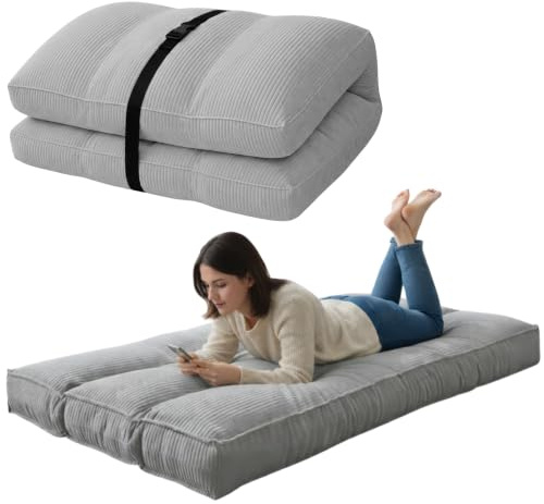 bananair - Futón Japonés Enrollable 1 Persona, Grueso y Cómodo, Fabricado en Francia, Funda Lavable, Cama Plegable de Suelo Práctica – Colchón Plegable, Correa de Incluida (90 × 190 cm, Gris Claro)
