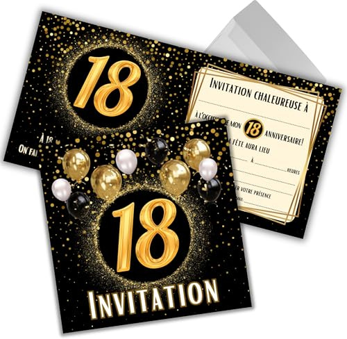 JOCERO - Invitation Anniversaire 18 Ans – Cartes Invitation 18e Anniversaire Homme Femme – Lot de 12 Cartes 12x12 cm avec Enveloppes – Carton Invitation Élégant Noir Or à Remplir Anniversaire Adulte