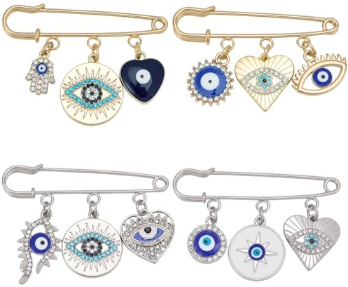 BEAMARKER 4 Pièces 4 Styles Mauvais Oeil Charme Broche Pin Bleu Lucky Eye Hamsa Main Pin Or Argent Acier Inoxydable Email Broche pour Vêtements Sacs à Main Écharpes Hommes Femmes Halloween Décoration