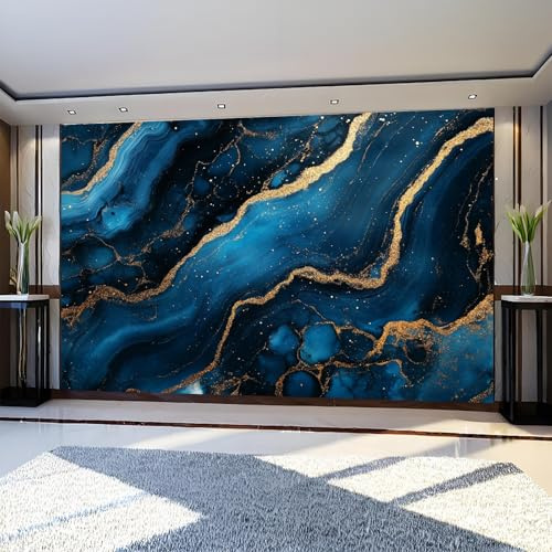 Papier Peint Panoramique Texture marbre doré Intissé 200 x 140 cm Bleu Peinture Murale Chambre Salon
