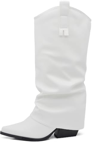 IF Fashion Scarpe Stivali Texani Western Da Donna Con Ghetta Arricciati Slouch G708 bianco N.38