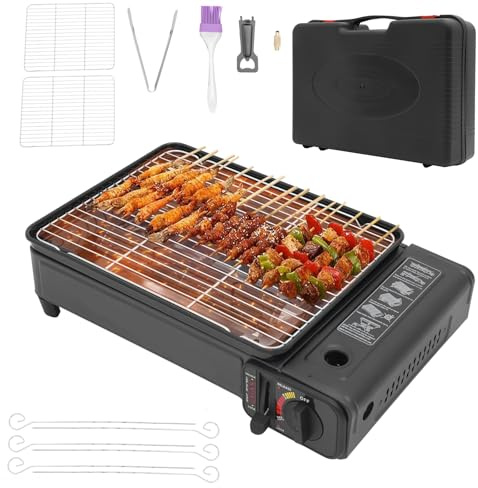 Camping Gasgrill 2,2 kW Tragbar mit 2 Grillrosten & Tragetasche, Tischgasgrill mit Piezo-Zündung & Fettauffangschale, Gaskocher Grill 2-in-1 für Kartuschen & Gasflaschen - Ideal für Balkon Garten