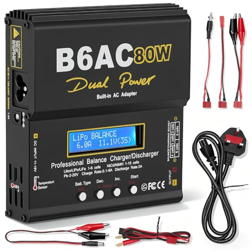 LiPo Battery Balancer Charger 80W 6A AC DC Dual Input 50/60Hz, 1-6S LiPo Li-Ion LiFe 1-15S NiMH NiCd 2-20V PB Smart Battery Charger, RC Charger with XT60 T Plug Tamiya Crocodile Clip for Car Drone
