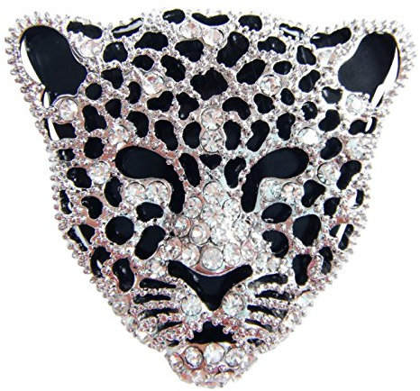 Navachi Brosche mit Leopardenkopf-Motiv, 18 Karat vergoldet, weißer Kristall, Emaille, Large, Stein, Kristall