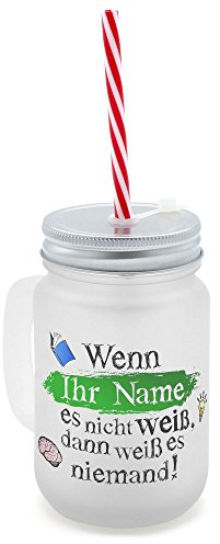 printplanet® - Trinkglas mit Henkel und Strohhalm - personalisiert mit Namen - Motiv Wissen - Henkel-Glas satiniert mit Deckel und Mehrweg-Trinkhalm