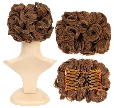 SWACC Short Messy Curly Dish Hair Bun Extension Easy Stretch hair Combs Clip in Ponytail Extension Scrunchie Chignon Tray Ponytail Hairpieces (Light Brown-12#)