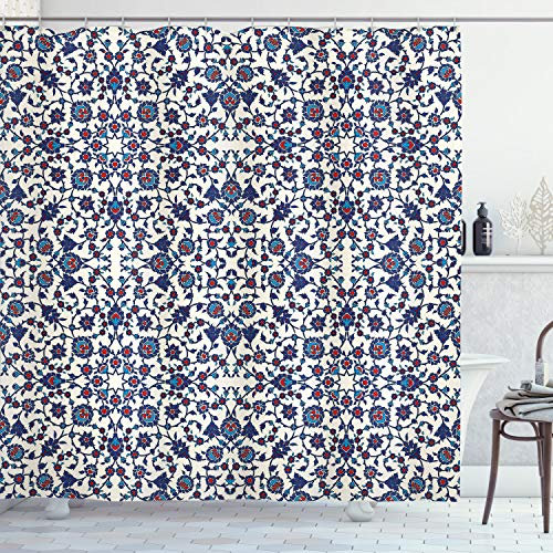 ABAKUHAUS Arabeske Duschvorhang, marokkanische Oriental, Stoffliches Gewebe Badezimmerdekorationsset mit Haken, 175 x 240 cm, Vermilion Indigo