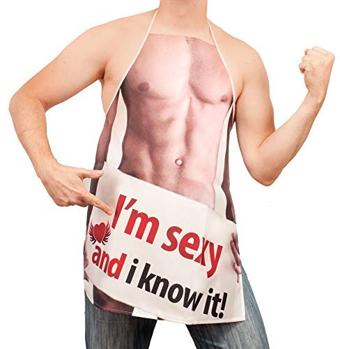 Monsterzeug Delantal de cocina para hombre, sexy, delantal divertido, delantal de cocina, Estampado de cuerpo de hombre en color piel con texto en negro y rojo, Talla única