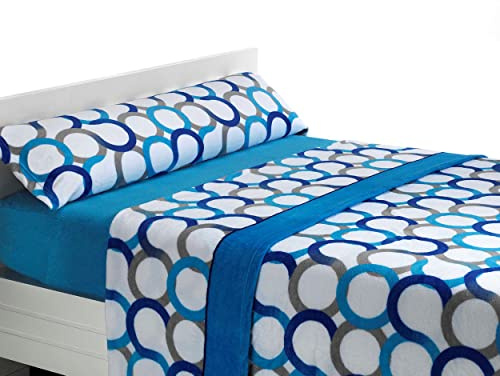 SABANALIA Sábanas Coralina Aros Cama 150 Invierno | 3 piezas: bajera ajustable, encimera y funda de almohada. Poliéster térmico, estampado de aros. Color Azul.