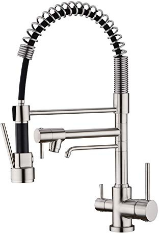 Delle Rosa Küchenwasserhahn, 3-Wege-Trinkwasserhahn, moderne Küchenarmatur mit ausziehbarem Sprüher, zwei Griffe, Küchenspüle, 3-in-1 hoher Lichtbogen, Reiniger, Wasserhähne aus gebürstetem Nickel