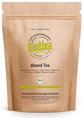 Biotiva Té de noche orgánico 100g - cortado - té de hierbas - bálsamo de limón, hojas de mora, limoncillo, manzanilla, raíz de valeriana, flores de lúpulo, flores de coneflower y pétalos de rosa