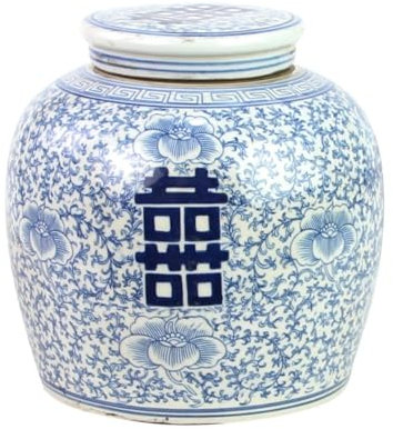 Fine Asianliving Pot à Gingembre Chinois Bleu Blanc Porcelaine Double Bonheur D22xH22cm Chinois Vase avec Couvercle Asiatique Jingdezhen Mandarin Décorative