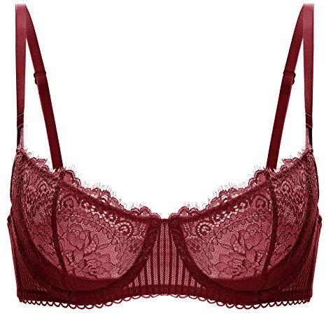 DOBREVA Women's Lace Balconette Bra Half Cup Non Padded Push Up Underwire Sheer Bras Dark Red 36DD