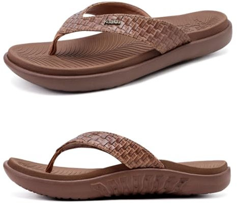 KuaiLu Braun Flip Flops Damen Leder Zehentrenner für Sommer Beach Frauen Bequeme Yoga Mat Tanga Sandalen für Plantar Fasciitis Größe 39EU