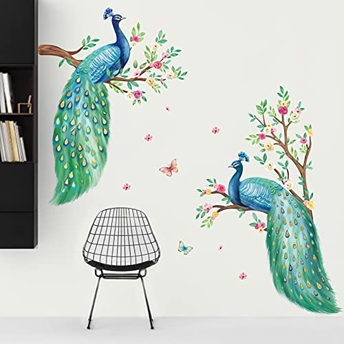 decalmile Wandtattoo Pfau Wandsticker Blume AST Baum Wandaufkleber Kinderzimmer Schlafzimmer Wohnzimmer Wanddeko