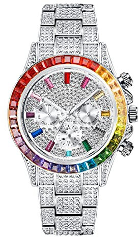 ICEDIAMOND 3-Augen-Armbanduhr mit kubischem Labordiamant, Quarz, Kalender und Zeitzonenanzeige, Zifferblatt, Uhr für Herren und Damen (Rainbow-W)