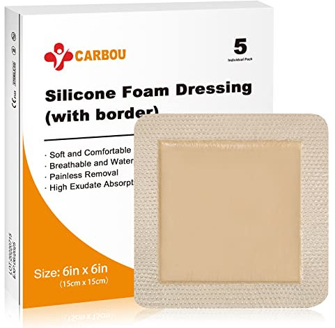 Carbou 5Pcs Silicone Foam Dressing 6 x 6 (15cmx15cm) - Square Wound Care Dressing with Border Adhesive Waterproof Central Ultra Absorbent-Foam(4.3 X 4.3) Waterproof Silicone Wound Bandage