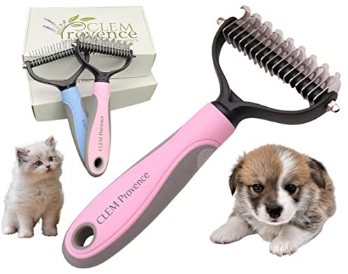 CLEM Provence - Brosse Chien & Chat Poil Long - Double Lame Démêlante pour Enlever Sous Poils et Nœuds Brosse Professionnelle pour le Toilettage de tous vos Animaux à Poils (9x17cm) (Rose, 9x17cm)
