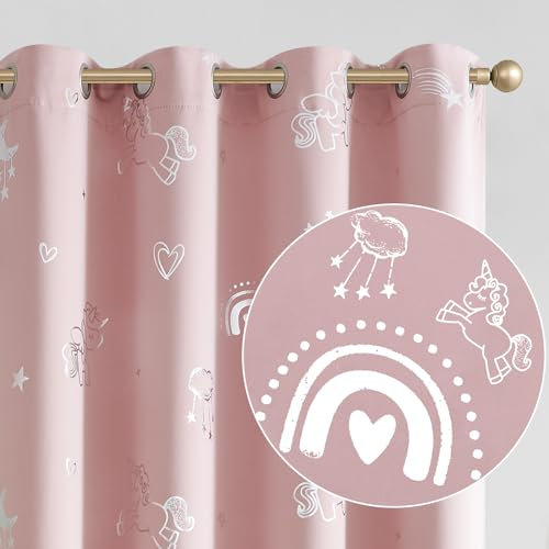 Vangao Regenbogen-Verdunkelungsvorhänge für Mädchenzimmer, rosa Einhorn für Kinderzimmer, silberfarbener Foliendruck, wärmeisolierte Vorhänge mit Ösen, Fenstervorhänge, 160 cm Länge, 2 Paneele