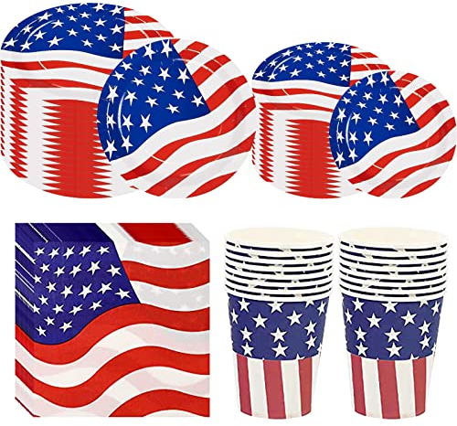 Lot de 64 serviettes jetables en carton et gobelets en carton pour le jour de l'indépendance du 4 juillet, rouge, blanc, bleu, barbecue, vaisselle jetable