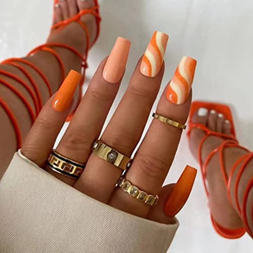 RUNRAYAY Orange Line 24Pcs Press on Nails, Long Fake Nails Acrylic Ballet French Glue on Nails Design Nail for Women and Girls