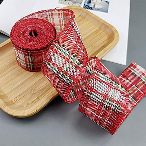 Egurs 12 Meter Kariert Juteband Plaid Bänder Geschenkverpackung Geschenkband Weihnachts Drahtbänder Basteln Dekoration,Draht an der Seite rot-weiße kariert 5cm