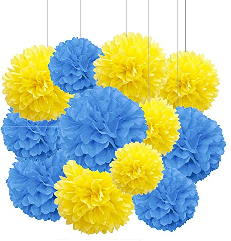ZooYoo 12 Stück gelb und blaue hängende Pompons aus Seidenpapier für partydeko,decke,wand,seidenblumen– 2 Farben à 30,5 cm, 25,4 cm