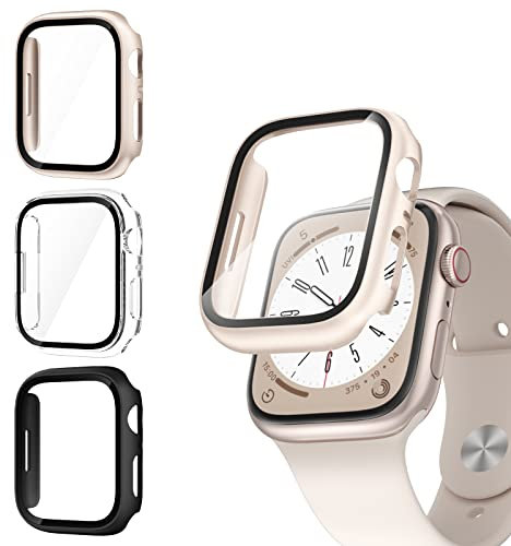 3 Pack Case with Tempered Glass Screen Protector for Apple Watch SE(3nd) 2025 SE 2/1 Series 6/5/4 40mm, Hard PC Ultra-Thin Cover for iwatch SE 3/SE 2/SE/6/5/4 40mm, Black/Clear/Starlight